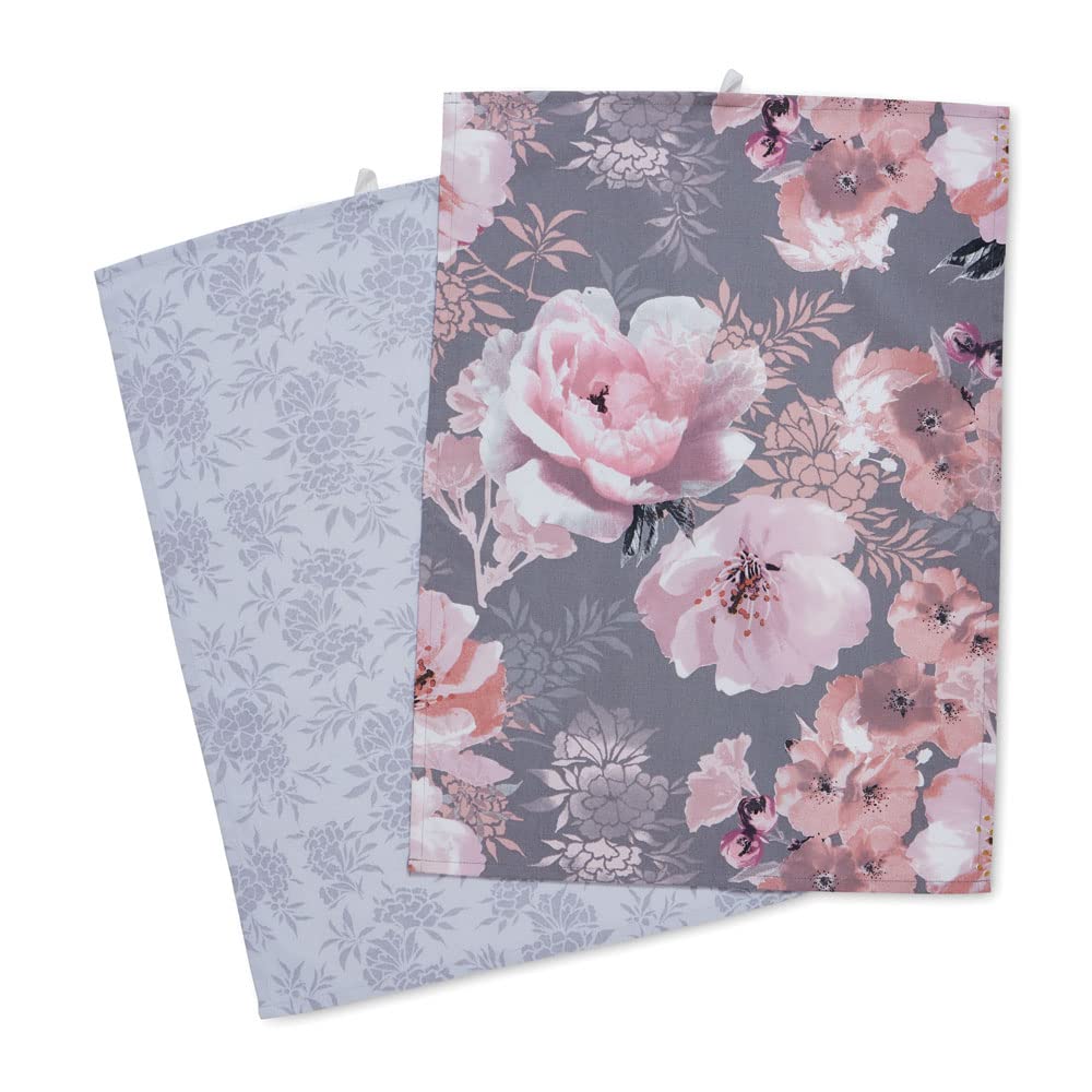 Catherine Lansfield Dramatic Floral Two Pack Tea Towels Grey,One Size,KT/46659/W/TT2/GY