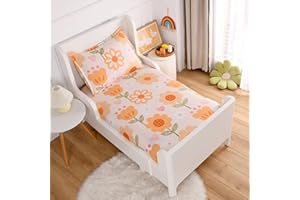 KWLOVER Soft Bed Fitted Sheet and Pillowcases Set,Orange Flower Printed Bed Sheets for Kids (Multicolor, Twin)