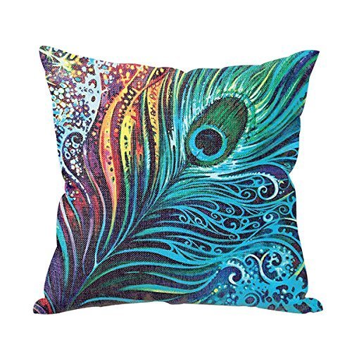 Beautiful Peacock Tail Personalized 18x18 Inch Square Cotton Blend Linen Throw Pillow Case Decor Cushion Covers Beige
