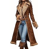 chouyatou Women's Faux Suede Sherpa Lined Midi Long Jacket Fleece Notch Lapel Winter Trench Coat