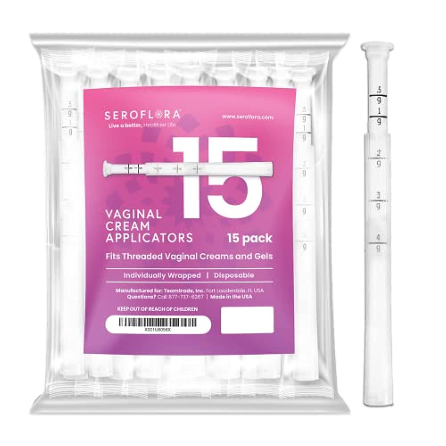 Photo 1 of Seroflora Disposable Vaginal Cream Applicators - Fits Premarin, Estrace, Preseed, and Most OTC Gels, Lubricants, and Creams - Threaded End, Comfort Tip, and Dosage Markings (15 Pack) Made in USA.