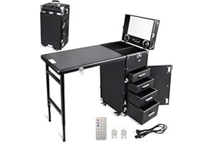 Lorvain Rolling Manicure Table Nail Desk Makeup Train Case Workstation, Travel Cosmetic Trolley Storage Organizer Foldable Nail Tables for Technician Nail Salon with Speaker & Mirror-Black