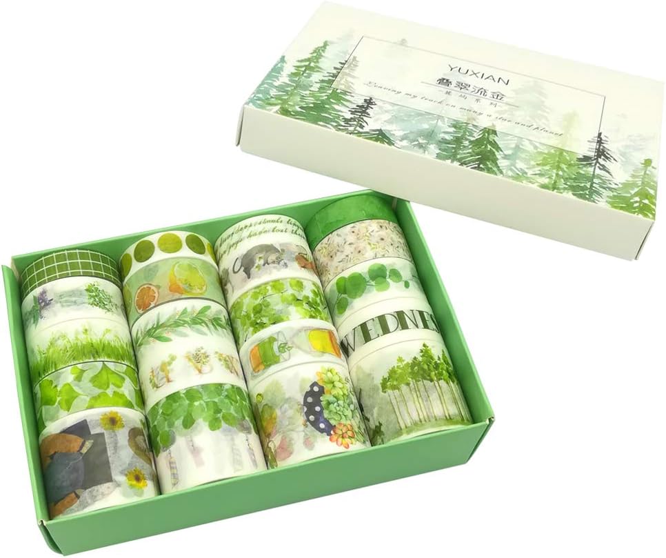 20 Rolls Masking Washi Tape Set Fresh Green Plant Tree Branch Grass Succulents Flower Drink Fruit Cute Animal DIY Decorative Label Sticker for Scrapbooking Album Planner Diary Journal