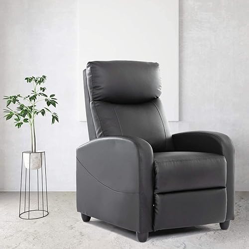 Recliner Chair Single Sofa Armchair for Living Room Modern Ergonomic Adjustable Home Theater Seating Thicker Seat Backrest Cushion PU Leather (Black)