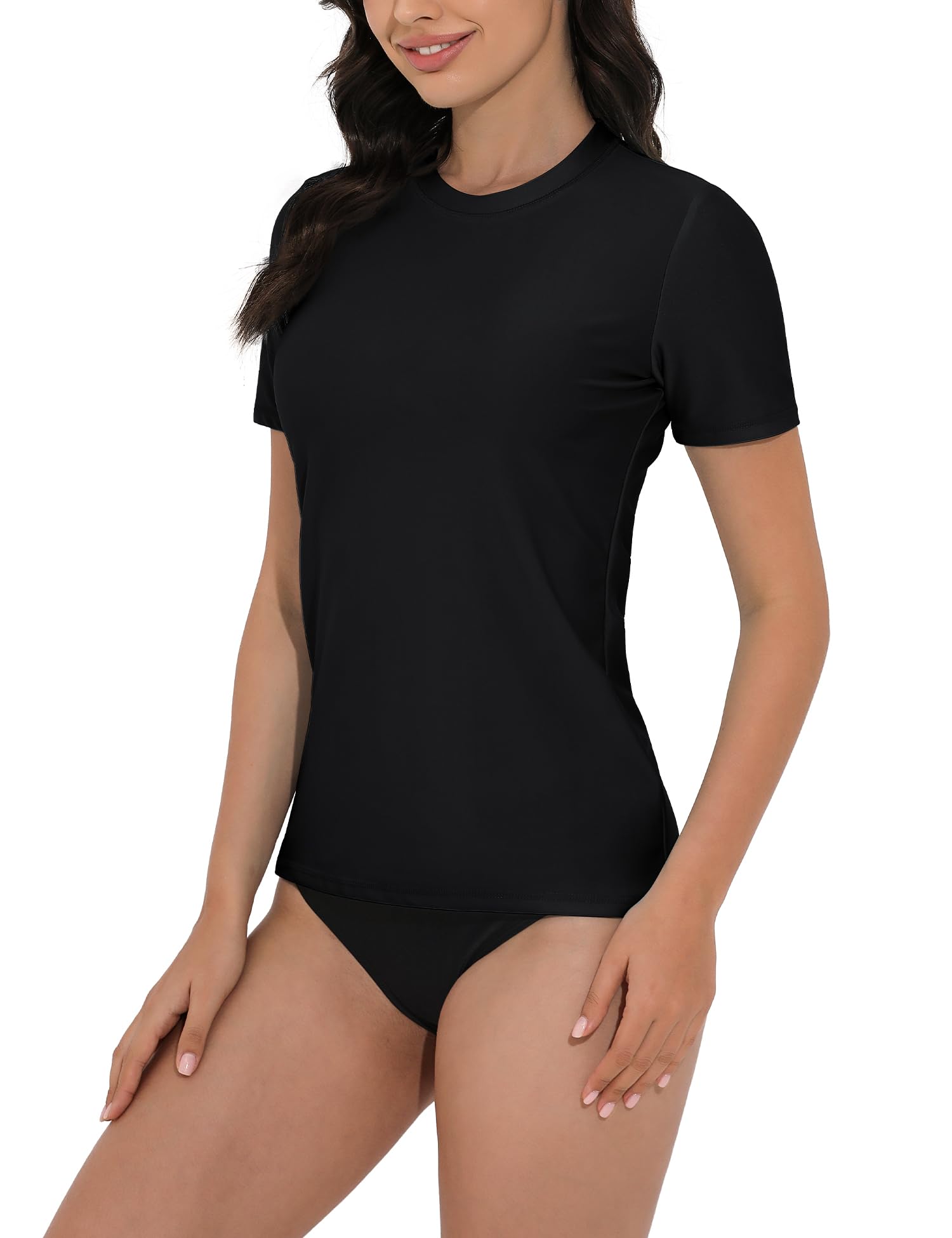 Photo 1 of QOMEWA Rashguard for Women UPF 50+ Black Short Sleeve Swim Shirts Swimsuit Top UV Sun Protection Bathing Suit Top