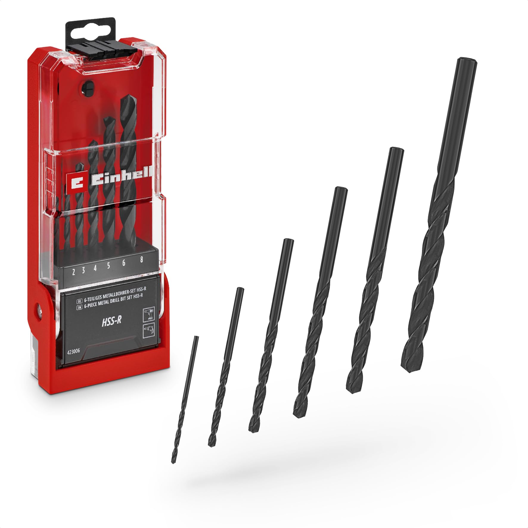 Original Einhell 6-Piece HSS-R Metal Drill Bit Set (HSS 4241 Steel, Black Burnished, 135° Drill Point, Roll-Forged Type N Spiral, Round Shank Incl. Storage Box)
