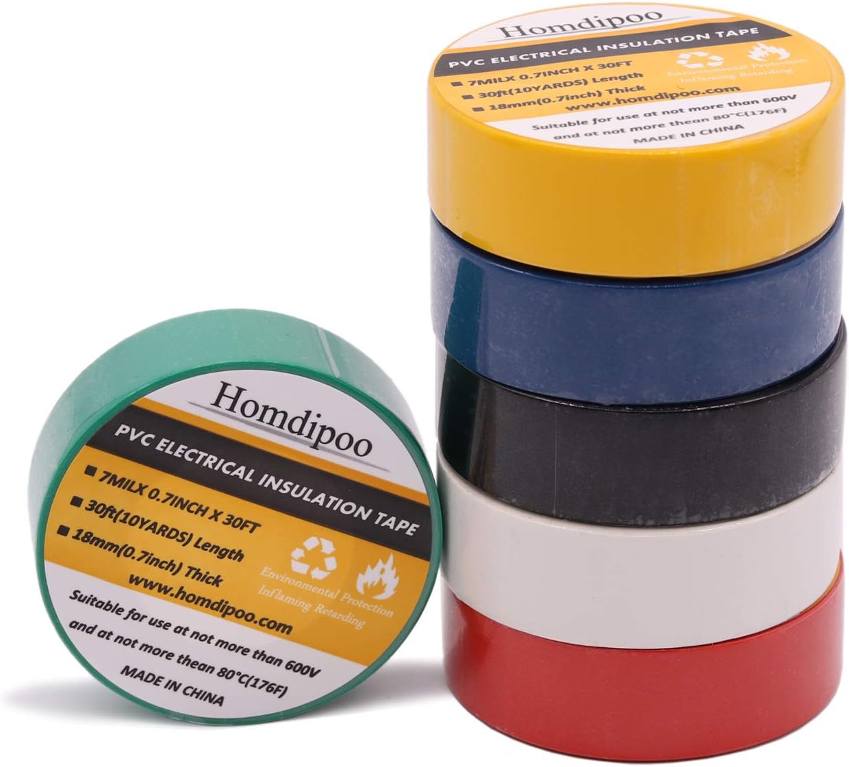 Homdipoo Electrical Tape Colors 6 Pack 3/4-Inch by 30 Feet, Voltage Level 600V Dustproof, Adhesive for General Home Vehicle Auto Car Power Circuit Wiring 3m Multicolor (Multicolored)