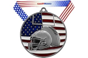 Football Patriotic Medal - 2.75 Inch Wide Gridiron Medallion with Stars and Stripes American Flag V Neck Ribbon - Decade Awards