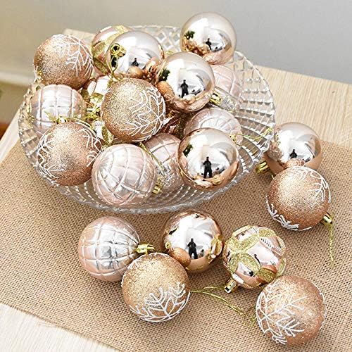 24PC 6cm Christmas Tree Xmas Hooks Balls Decorations Baubles Party Wedding Ornament Set Bauble Shiny Glitter Baubles Hanging Home Party New Year Decor Shatterproof Holiday Wedding Decorations (Khaki)