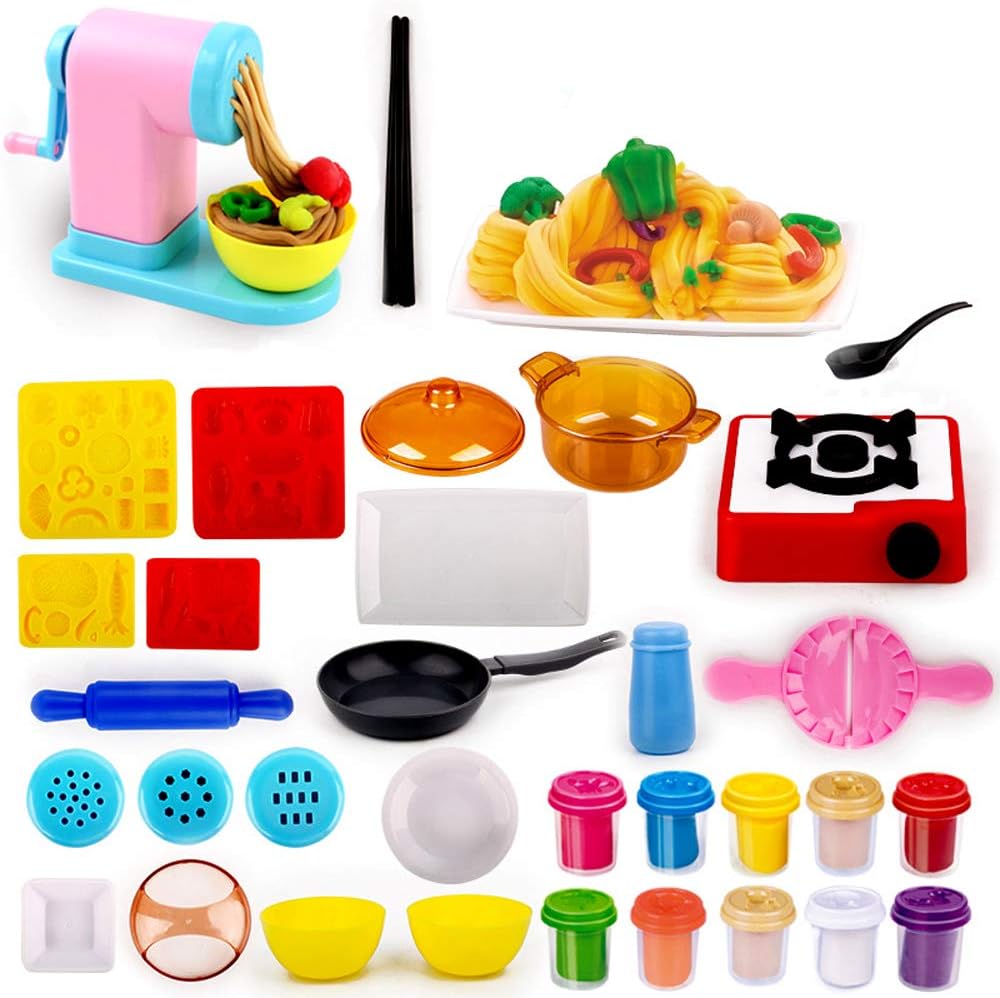 Erencook Clay Dough Set, Kitchen Cooking Pretend Playset Plasticine Modeling DIY Creations Simulation Noodles Machine Play Toy Gift for Boys and Girls Kids
