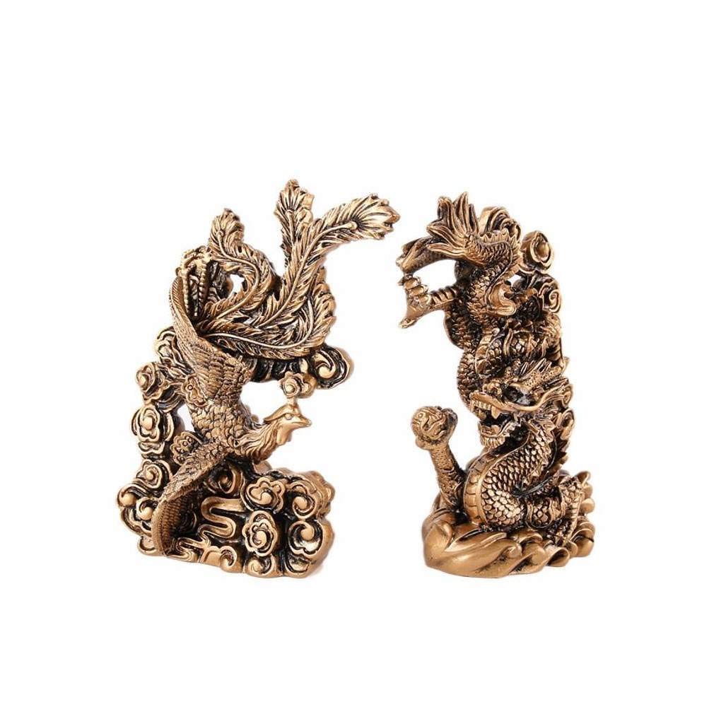 lachineuse - Dragon & Phoenix Couple Figurines - Feng Shui Statuettes - Family & Marital Happiness Symbol - For Office, Home - Asian Chinese Decoration - 13 x 9 x 4.5 cm - Gold