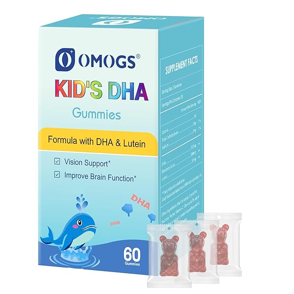 OMOGS CHILDREN’S DHA BLUEBERRY FLAVOURED GUMMIES, WITH LUTEIN, OMEGA-3 & VITAMIN C ALGAE DHA, FOR EYE HEALTH, BRAIN HEALTH & HEALTHY IMMUNITY, GLUTEN FREE, VEGAN, 60 GUMMIES.