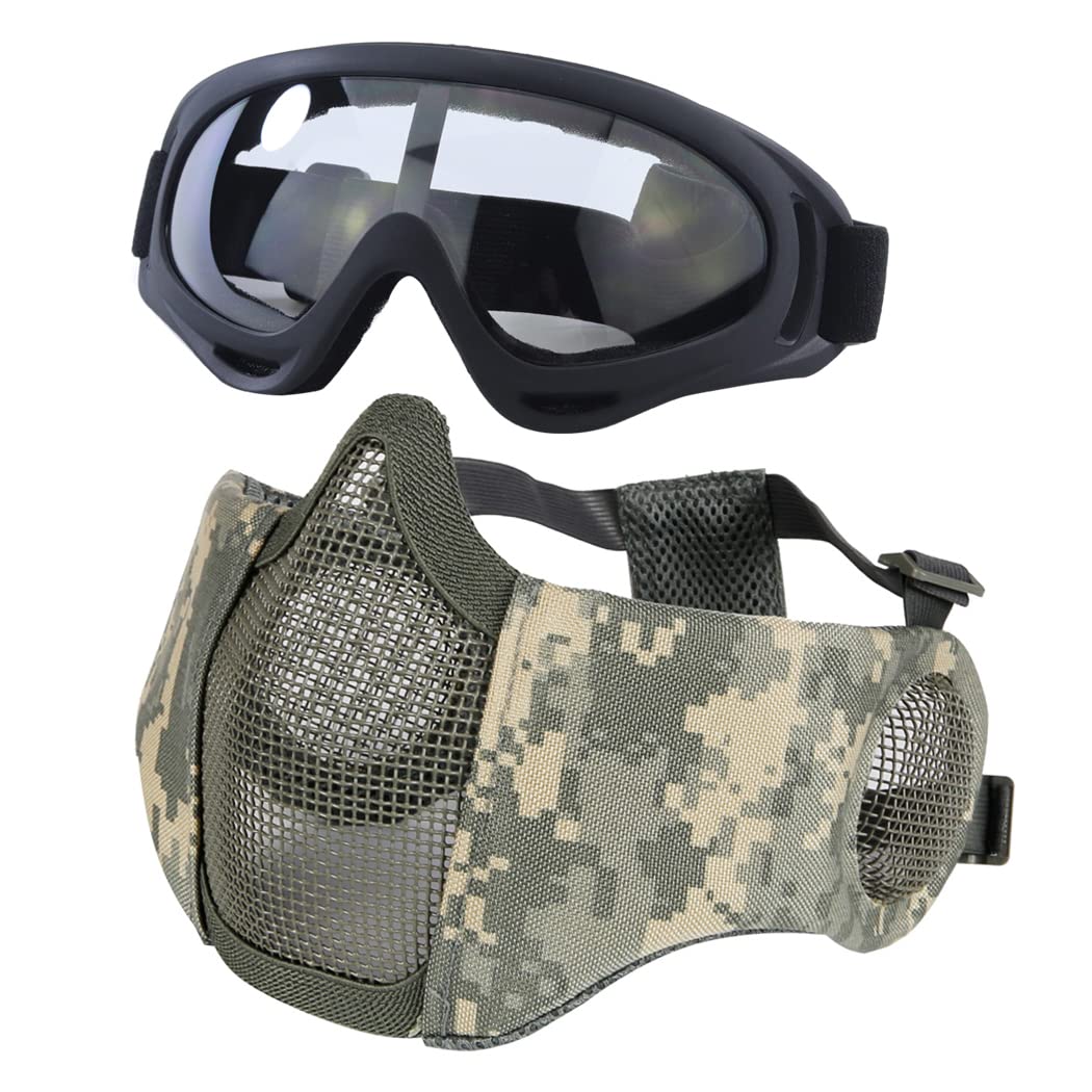 Yzpacc Airsoft Mask with Goggles, Foldable Half Face Airsoft Mesh Mask with Ear Protection for Paintball Shooting Cosplay CS Game (ACU-BK) — image 1