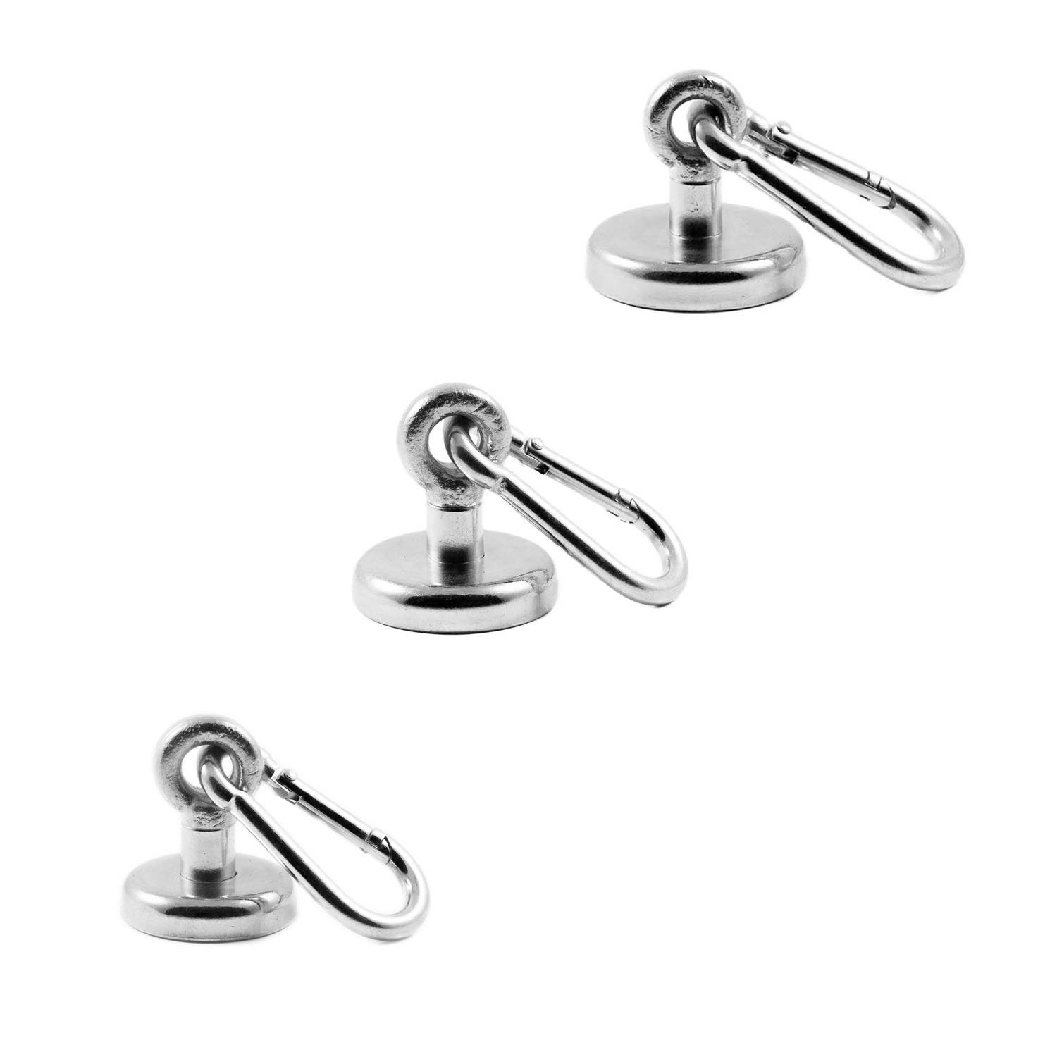 Magnetastico® | 3 Neodymium Eyebolt-Carabiner Magnets N35 | 1x Each 32, 36 & 42 mm | Holding Force 34, 41 & 68 kg | 3 Strong & Powerful Neodymium Pot Magnets snap Hook with Eye, Loop & galvanised