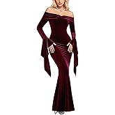 Women Off The Shoulder Floral Lace Maxi Wedding Dress Long Bell Sleeve Mermaid Gown for Formal Party