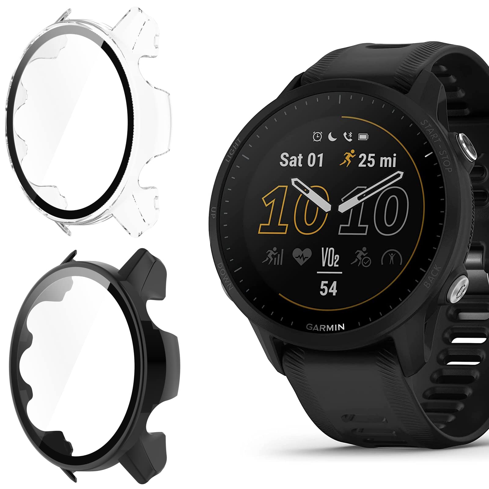 Compatible for Garmin Forerunner 955 Case, onetuo Hard PC Case with Tempered Glass Screen Protector Compatible with Garmin Forerunner 955 GPS Running Smartwatch (2 pack-Transparent+Black)