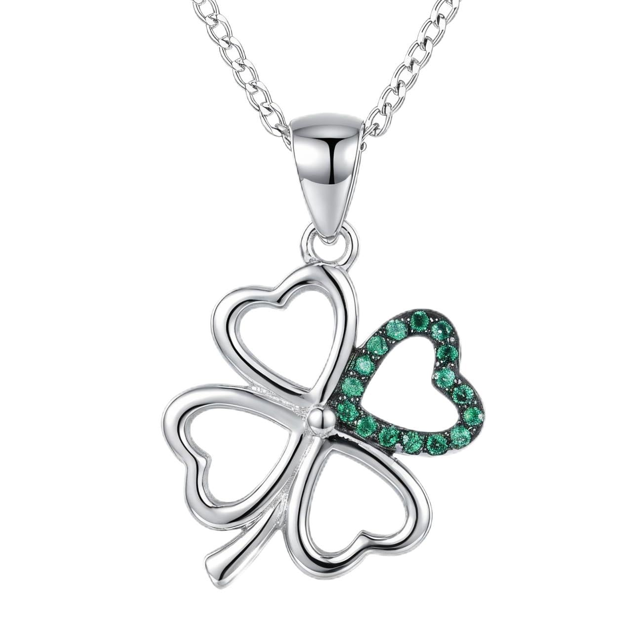 Alexander Castle Solid 925 Sterling Silver 4 Leaf Clover Shamrock Celtic Pendant Necklace for Women - Celtic Jewellery with 18" Silver Chain & Jewellery Gift Box - Green CZ - 25mm x 16mm