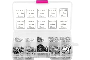 FTVOGUE 200pcs Stainless Steel E-Clip E-Ring Retaining Ring Assortment M1.5-M10 with Plastic Box