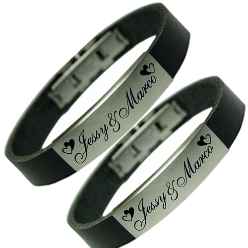 Tinasfunshop Partner Set bestehend aus 2 Echt Leder Armbänder 12 mm mit Edelstahl Gravurplatten inkl Gravuren