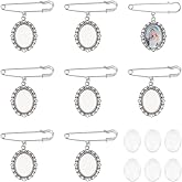 PH PandaHall 8 Sets DIY Pin Brooch Making Kit Including 8 pcs Iron Brooch Tray with 8 pcs Oval Clear Glass Cabochons Boutonniere Bouquet Charms for Wedding Party, Antique Silver & Platinum