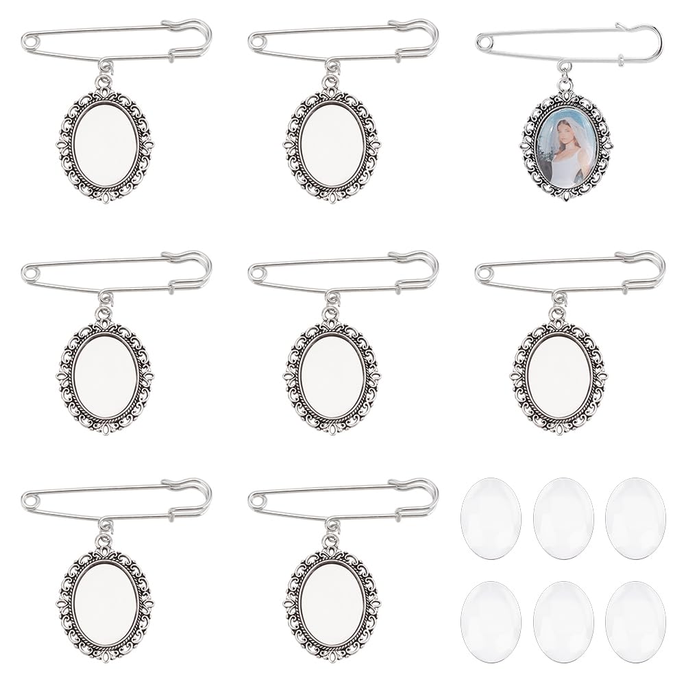 PH PandaHall 8 Sets Wedding Bouquet Charms Photo Brooch Making Kit Brooch Tray Oval Clear Glass Cabochons for Wedding Shower Bride Party Memory Charms Birthdays Anniversary, Antique Silver & Platinum