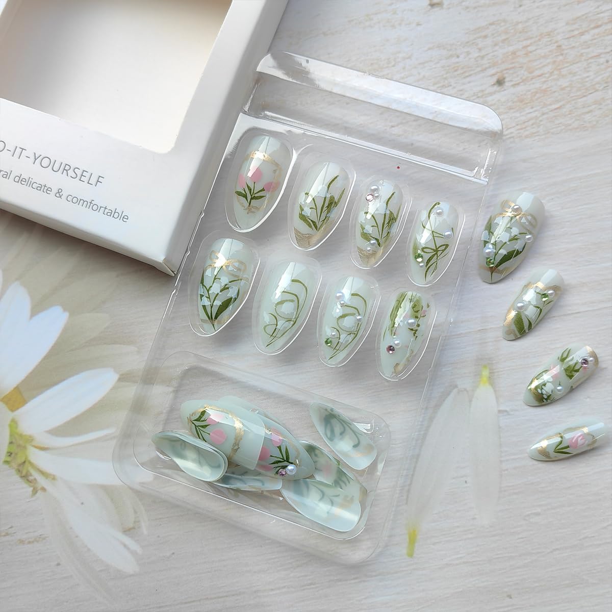 24Pcs Flower Press on Nails Medium Almond Fake Nails Tulip Orchid Design Artificial Acrylic Nails with 3D Rhinestones Pearl False Nails White Floral Glue on Nails Spring Stick on Nails Kit for Women - Image 4