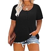 CARCOS Plus Size Tops for Women Button Up Henley Shirts Short Sleeve Summer T-Shirts V/Crewneck Casual Trendy Tunics XL-5XL