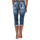 Flamingals Women's Capri Jeans Mid Waisted Stretchy Wash Skinny Leg Embroidered Ripped Denim Pants