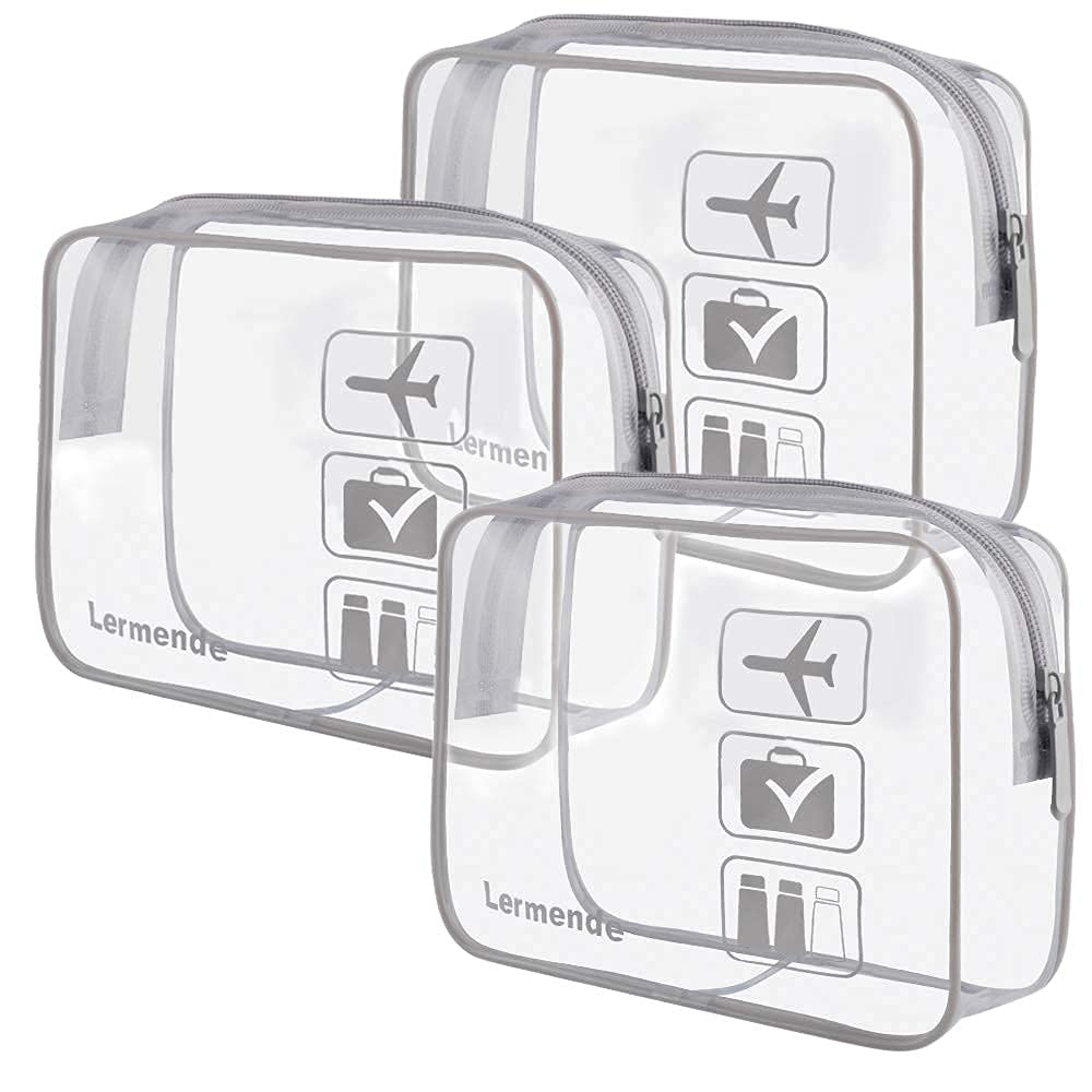 3pcs Lermende Lermende Clear Travel Toiletry Bag with Zippers,Travel Liquids Bag for Airport, Carry On Clear Plastic Bags for Airport Security, Quart Sized Bags（3 Grey）