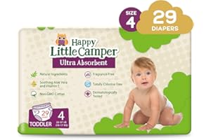 Happy Little Camper Natural Disposable Baby Diapers, Gentle on Skin, Ultra-Absorbent, Hypoallergenic, Chlorine Free, Fragrance Free, Safe for Sensitive Skin, Toddler, Diapers Size 4, 29 Count