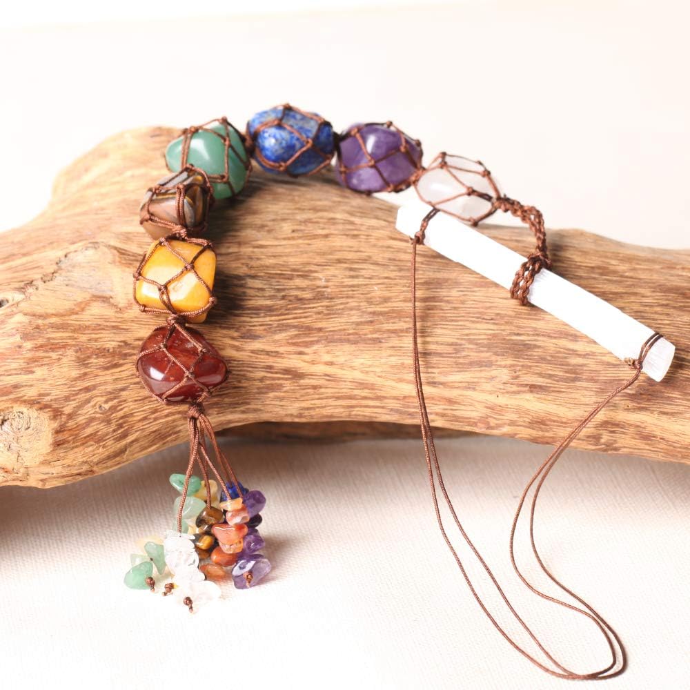 Nicestone 7 Chakra Stones Healing Crystals Hanging Ornament Chakra Tassel Christmas Ornaments Pendulum Good Luck for Home Decoration with Selenite Crystal Bar: Kitchen & Dining