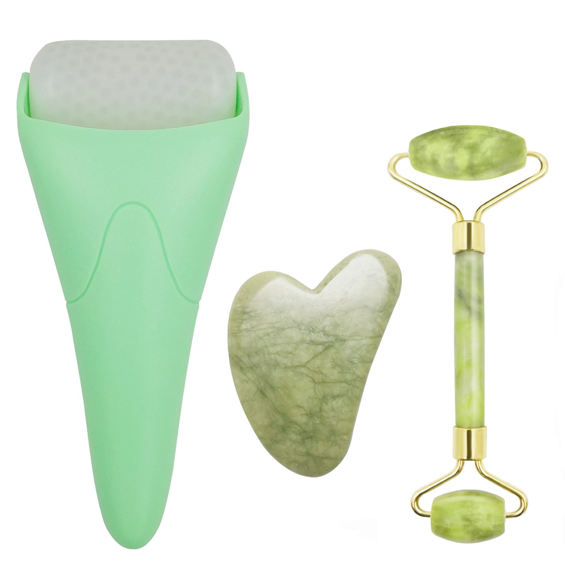 Photo 1 of 3 in 1 Ficial Face Ice Jade Roller and Gua Sha Tool, Natural Real Jade Anti-Wrinkle Face Eye Neck Massager Tool, Reduce Wrinkles, Puffiness, Migraine, Redness, Pain and Injury, Green