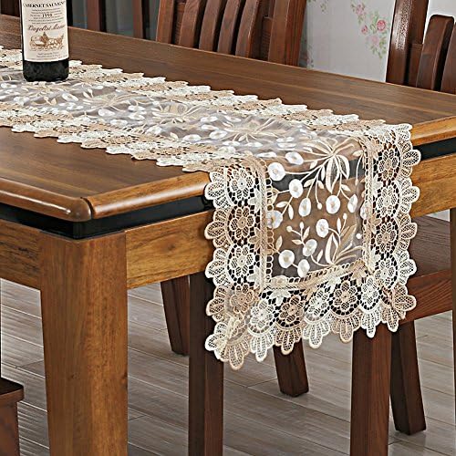 QXFSMILE Beige Lace Table Runner Embroidered Dandelion Table Flag 16 By 54 Inch, Beige