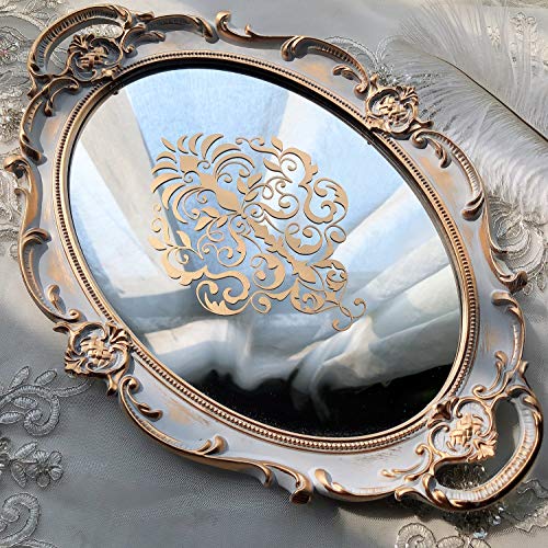 Zosenley Decorative Mirror Tray, Floral Vanity Organizer for Makeup, Jewelry, Perfume and Decor, Vintage Oval Display and Serving Tray for Dresser, Counter and Coffee Table, Golden Gray