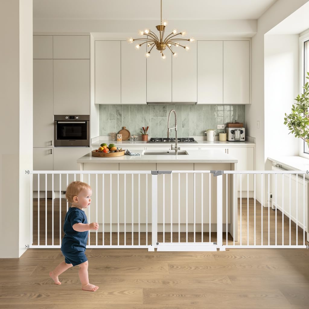Photo 1 of 60.5"-113" Wide Baby Gate Extra Long, Large Dog Gate Indoor, Child Proof Gate, Kiddie Gates, Baby Gate for Doorways. White, Dog Gates for The House. Extra Tall Pet Gate.