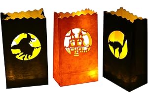 Stmarry 48 pcs Halloween Luminary Bags, Flame Resistant Luminaries, Orange and Black Tea Light Candle Bags - Witch, Black Cat Silhouette Decorations & Party Lanterns