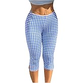 Milumia Women's Plaid Print Capri Leggings Low Waisted Split Hem Cropped Pants