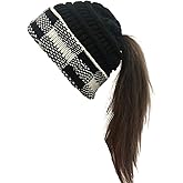 Womens Ponytail Beanie Hat with Button for Mask,Criss Cross Winter High Messy Bun Beanie Hat with Ponytail Hole…