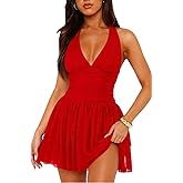 Nsbonu Womens Halter Mesh Short Dress V-Neck Ruffle Sleeveless Club Party HOCO Lace Mini Dresses