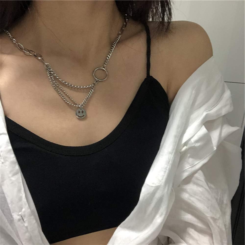 Amazon Com Yertter Gothic Punk Smile Pendant O Ring Side Chain Chunky Choker Necklace Chain Boho Jewelry Chain For Women And Girls For Dancing Party Wedding Vacation Clothing