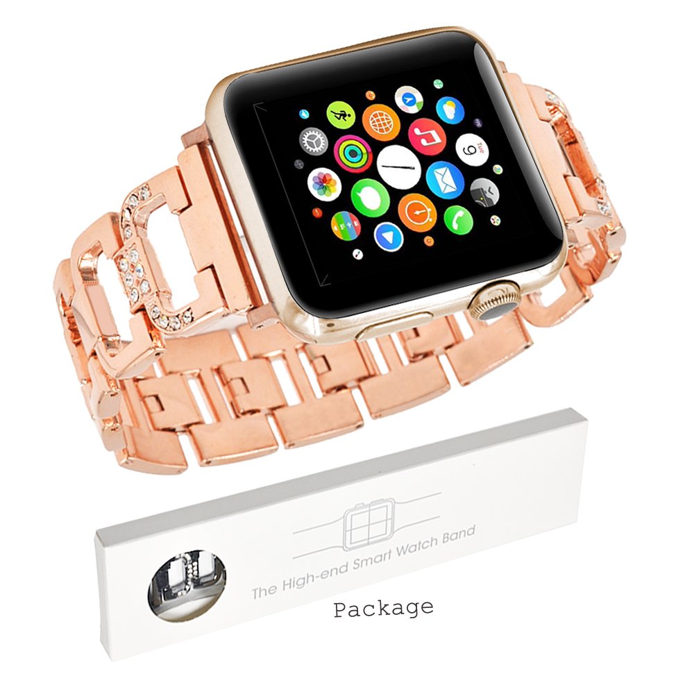 Bling Bands for Apple Watch Band 38mm 42mm Stainless Steel Metal Replacement Wristband Sport Strap for Apple Watch Nike+, Series 3, Series 2, Series 1, Sport, Edition, 2 Colors (Gold, 38mm)