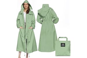 Womens Long Raincoats Rain Jacket Waterproof Packable Outdoor Hooded Windbreaker Lightweight Adjustable Waist for Outdoors