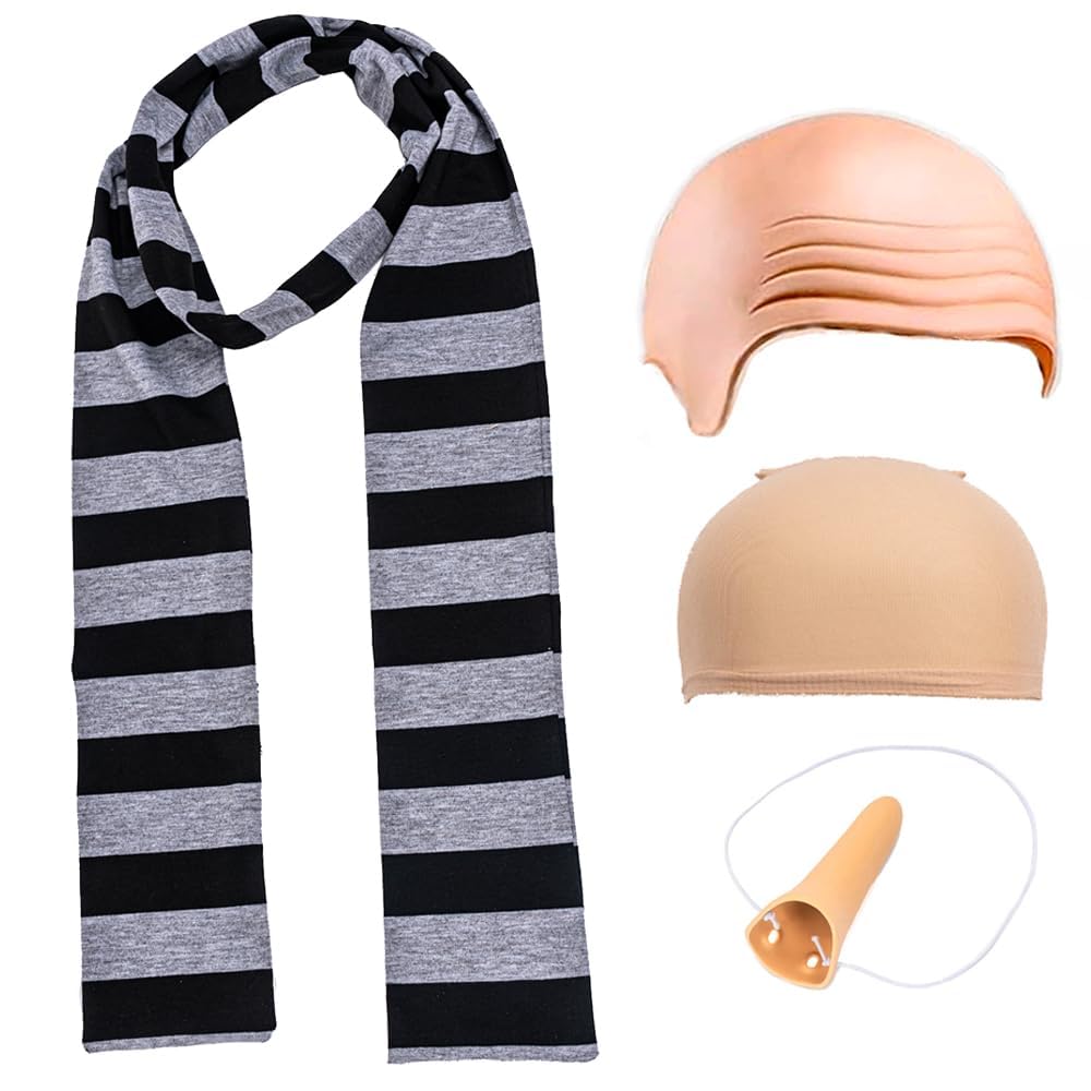 FVCENT 4pcs Set for Male and Female Halloween Role-playing Party Supplies, Black and Gray Scarves, Latex Bald Scalp and Fake Nose, Hair Cap (atex scalp -4)