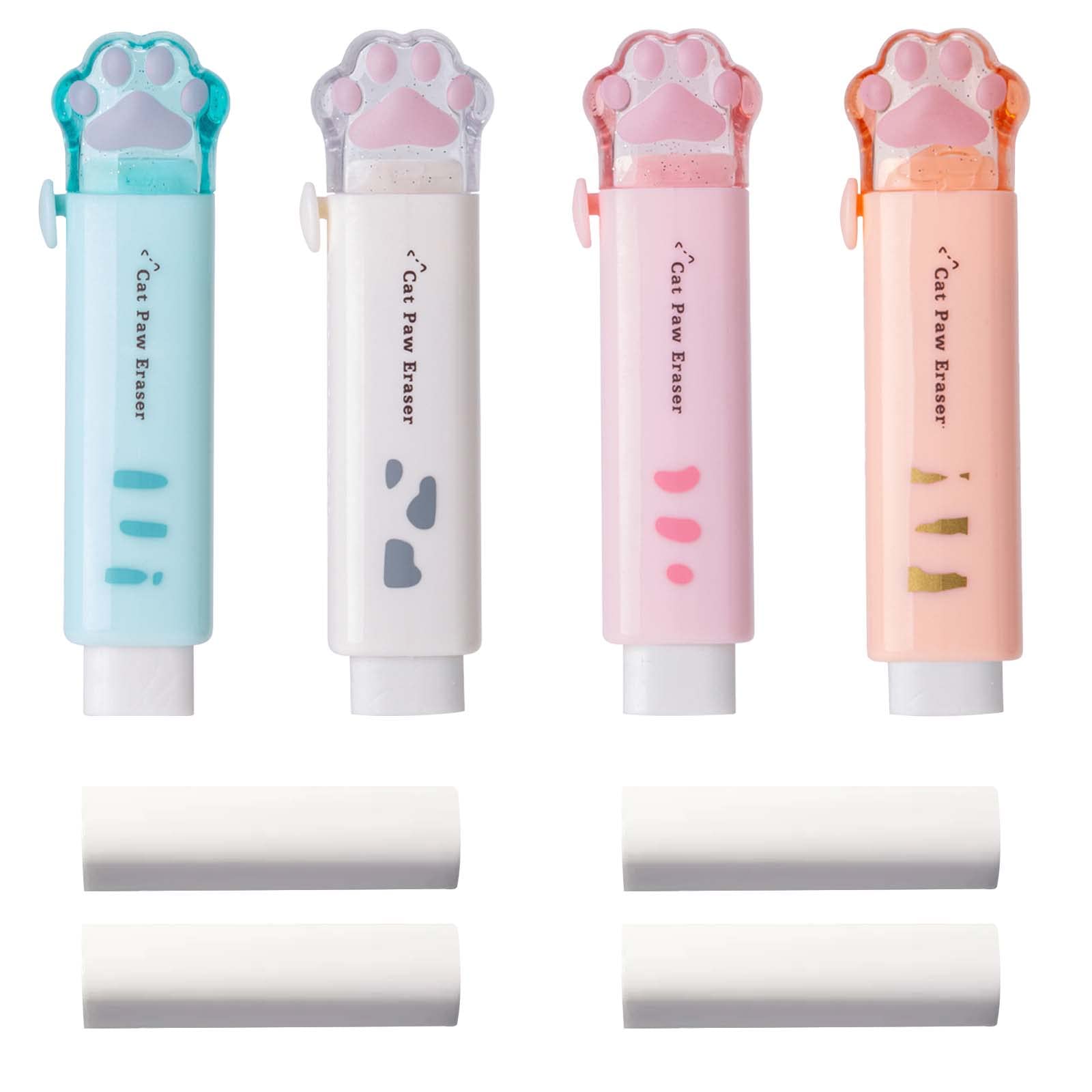 Cat Paw Shaped Cute 4 Pcs Retractable Erasers with 4 Pcs Eraser Refills Push Pull Design Kawaii Eraser for Kids Girls Cat Rubber Aesthetic Student Home School Supplies