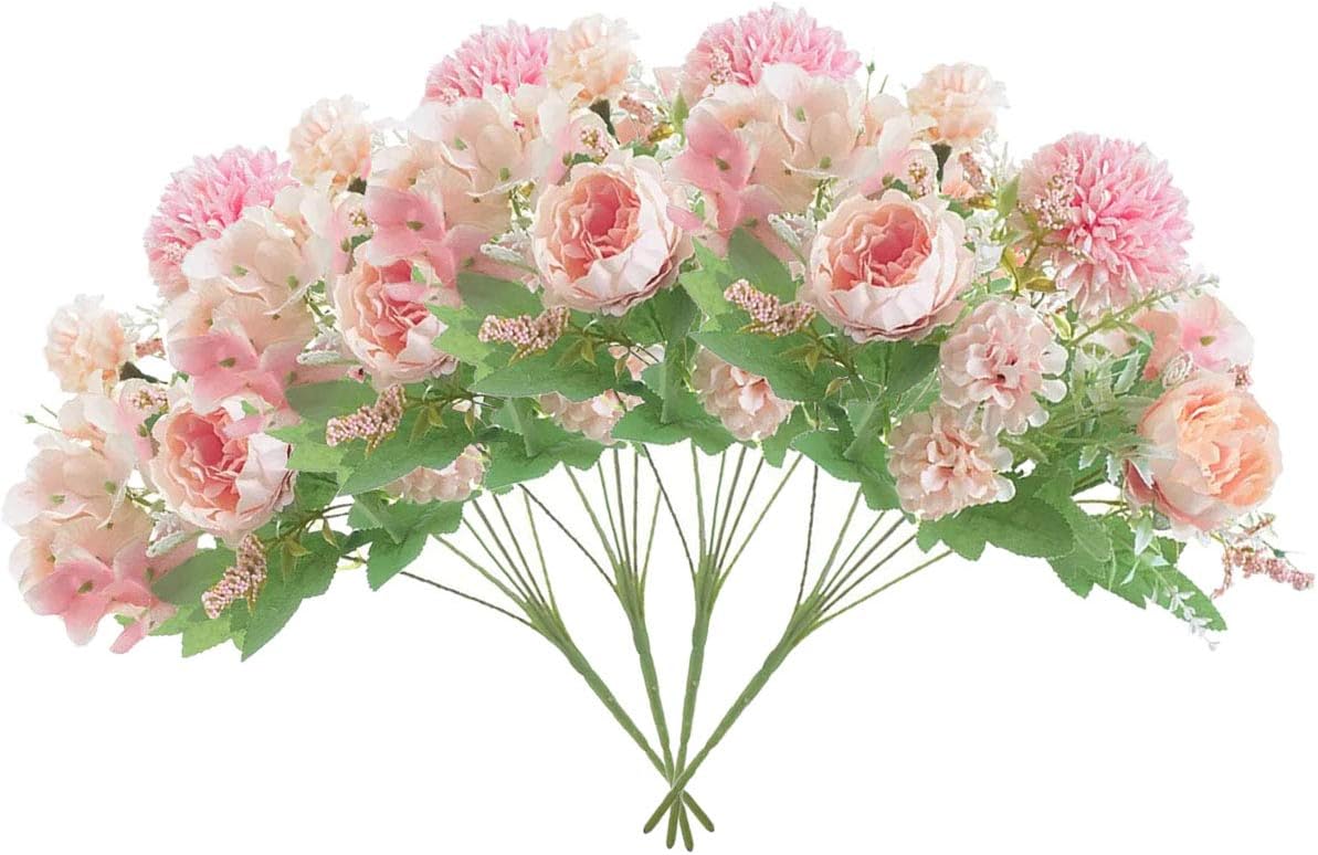 LAWOHO Artificial Flowers 4 Packs Pink Fake Peony Silk Hydrangea Bouquet Decor Plastic Carnations Daisy Realistic Flower Home Office Party Decor Arrangements Wedding Decoration Table Centerpieces