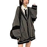 Women's Harajuku Korean Style Loose V-Neck Button Knit Cardigan Preppy Jacket Gray