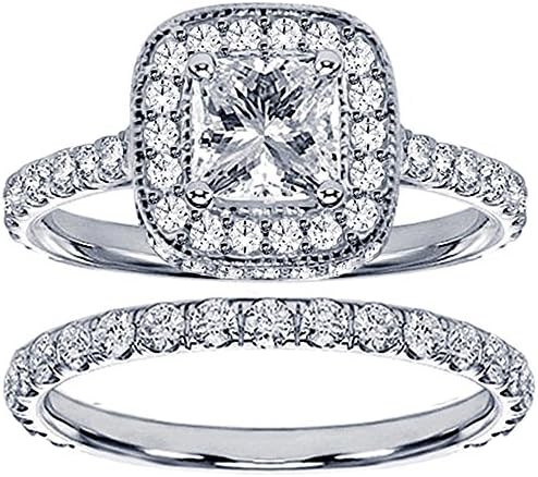 2.42 CT TW Pave Set Diamond Encrusted Princess Cut Engagement Bridal Set in 14k White Gold - Size 7