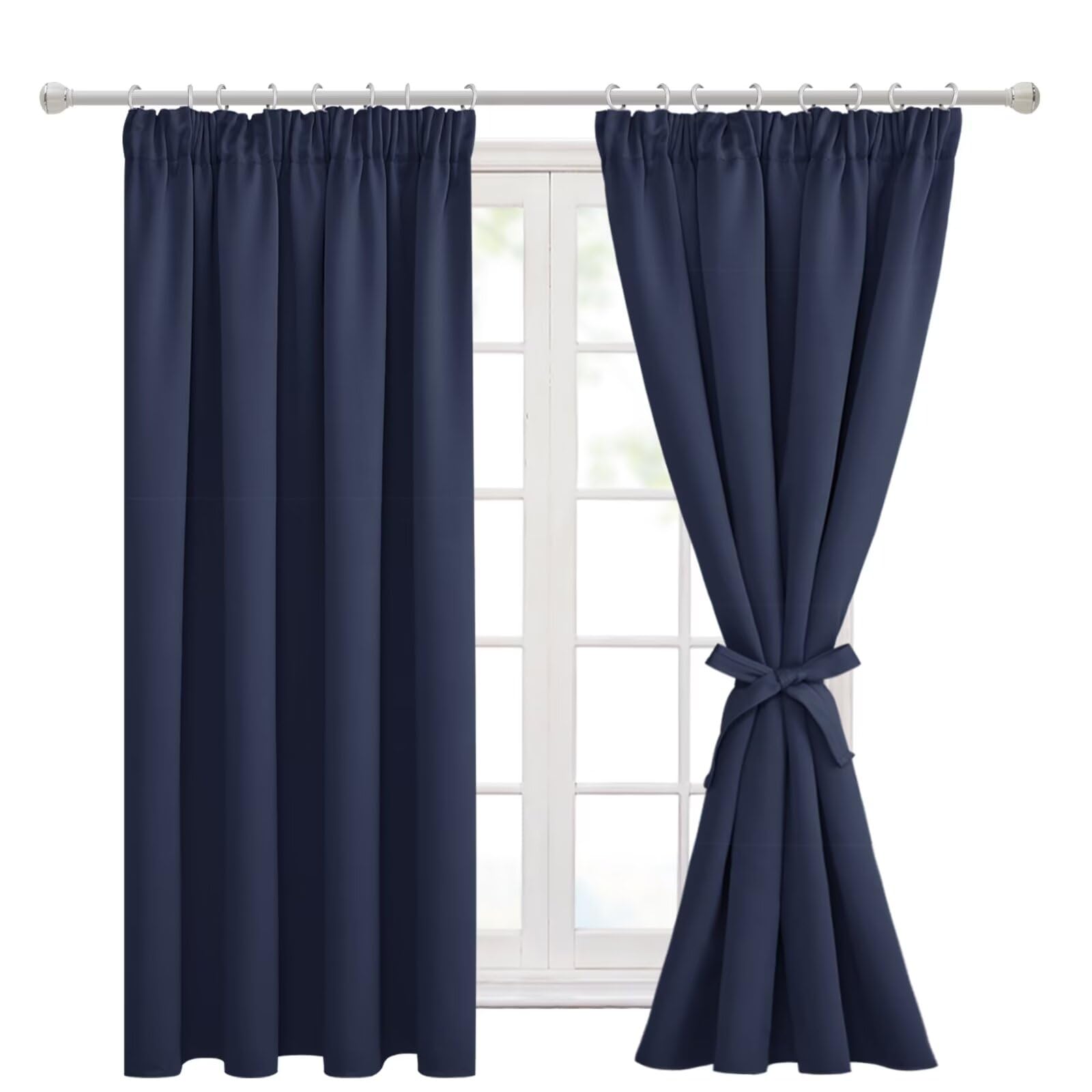 Hiasan Pencil Pleat Blackout Thermal Insulated Curtains, Bedroom and Living Room with Tiebacks, Energy Saving and Noise Reducing, 2 Panels, 66 x 54 Inch, Navy Blue