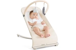 FLYBOSS 3-in-1 Portable Baby Bouncer & Rocker Chair for Newborn to Toddler - 4 Adjustable Recline Positions, Breathable Cotton Fabric, Natural Vibration, Supports Up to 33 lbs (Oatmeal Khaki)