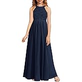 HOSIKA Girls Halter Neck Sleeveless Elegant Lace Chiffon A-line Long Flower Girl Dress for Wedding Party 6-12 Y
